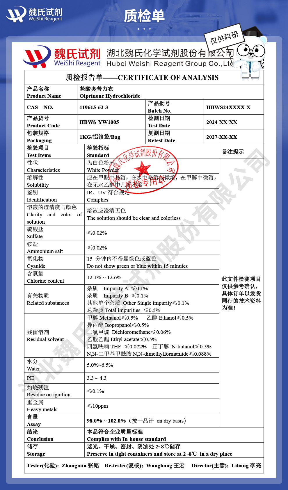 盐酸奥普力农；奥普力农盐酸盐对照品杂质质检单